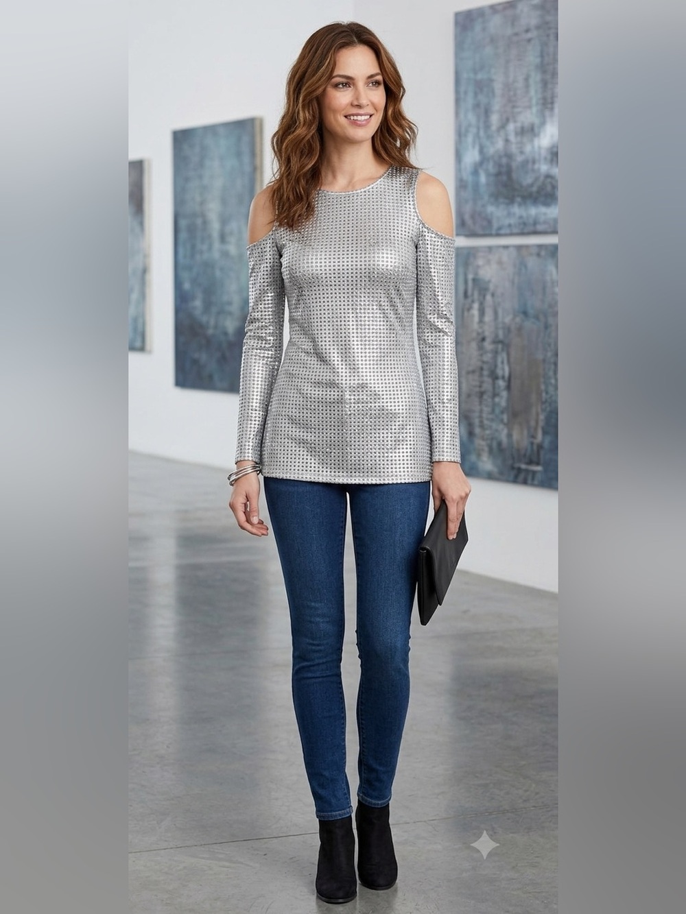 MICHAEL KORS Gray Silver Metallic Geometric Stretch Knit Cold Shoulder Top M